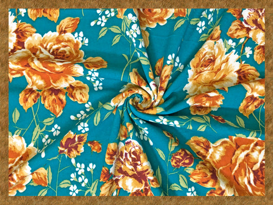 Techno Crepe Printed Fabric-Green Orange Roses-TCRP024-Sold by the Yard