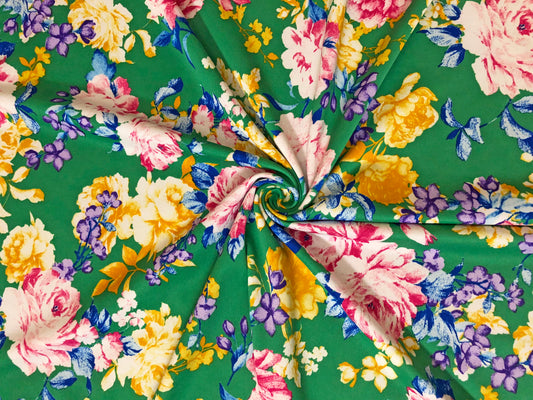 Scuba Techno Fabric| Green Pink Yellow Garden of Flowers | SCTPR018 | Sold by the Yard| Apparel Fabric