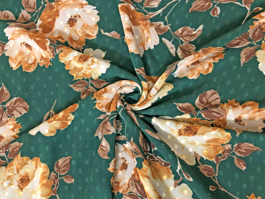 Chiffon Swiss Dot Printed Fabric-Hunter Green Brown White 4 1/2" Flowers-CFPR004-Sold by the Yard