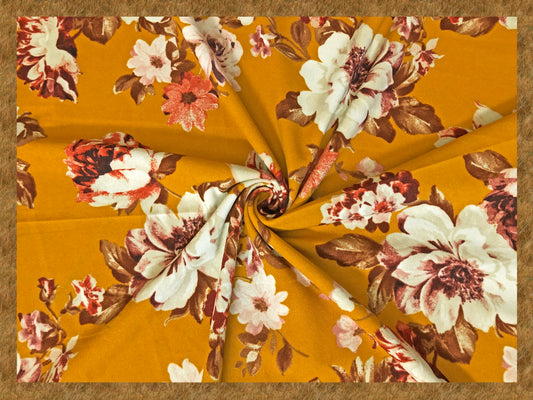 Techno Crepe Printed Fabric-Mustard Vanilla Flowers-TCRP028-Sold by the Yard