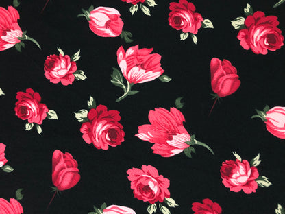 Black Red Pink Green Roses Liverpool Print Fabric