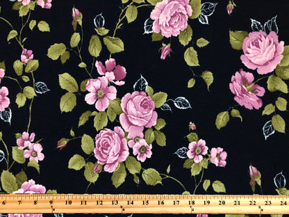 Black Mauve Lavender Pink Olive Roses Bouquet Liverpool Print Fabric