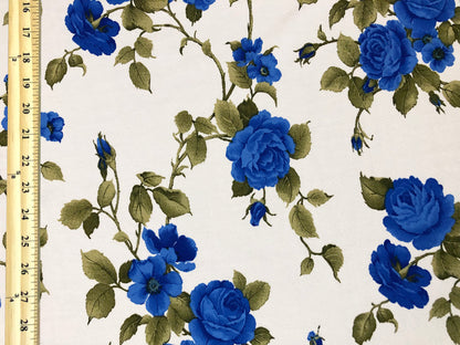 Ivory Deep Blue Olive Roses Bouquet Liverpool Print Fabric