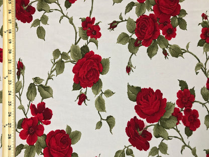 Ivory Carmine Red Olive Roses Bouquet Liverpool Print Fabric