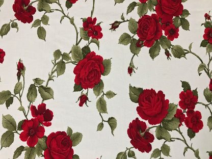 Ivory Carmine Red Olive Roses Bouquet Liverpool Print Fabric