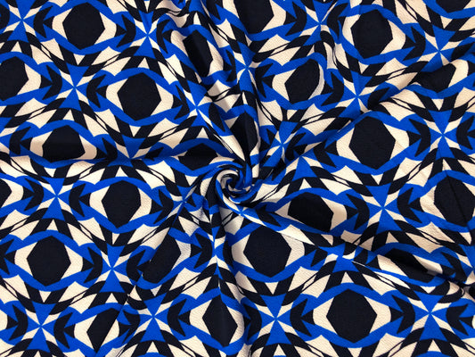 Ivory Black Royal Blue Mirrored Fractals Liverpool Print Fabric