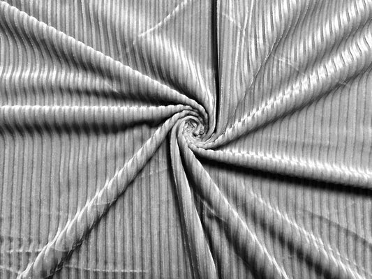 Ribbed Stretch Velvet – Silver Pearl, Sculpted Ribs & Luxe Sheen, 58″ Wide, 2-Way Stretch, 94/6 Poly-Spandex – Sold by the Yard (RBVC01)