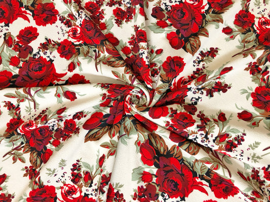 Liverpool Knit Fabric – Red Rose Bouquet – 4 Way Stretch, 58” Wide, 200 GSM, By the Yard (LVPR362)