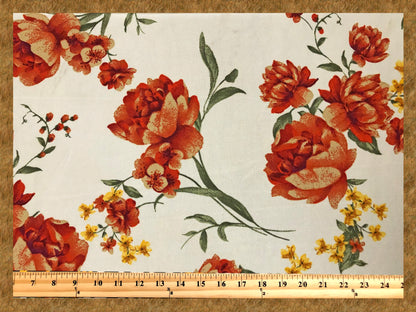 Techno Crepe Printed Fabric-Ivory Orange Flowers-TCRP022-Sold by the Yard