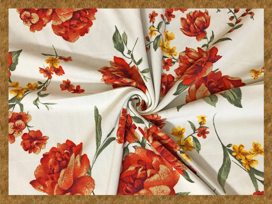 Techno Crepe Printed Fabric-Ivory Orange Flowers-TCRP022-Sold by the Yard