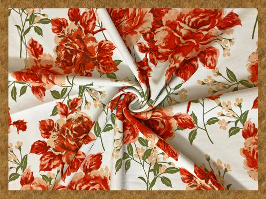 Techno Crepe Printed Fabric-Ivory Orange Roses-TCRP027-Sold by the Yard