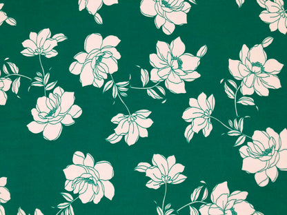 Techno Crepe Printed Fabric-Green White Flowers-TCRP069-Sold by the Yard