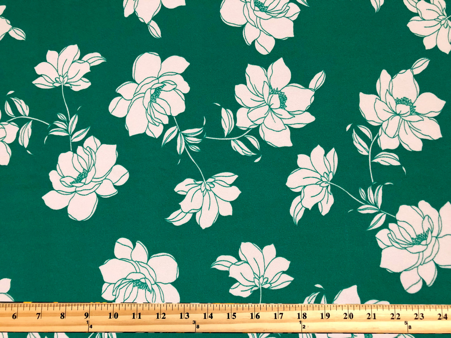 Techno Crepe Printed Fabric-Green White Flowers-TCRP069-Sold by the Yard