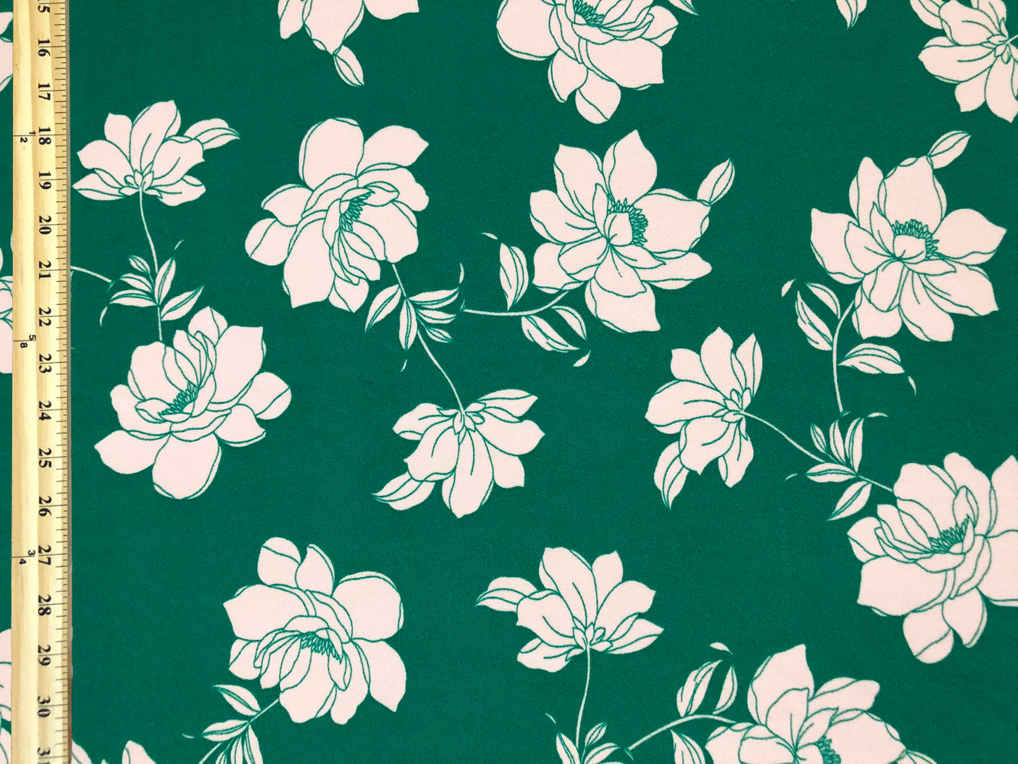 Techno Crepe Printed Fabric-Green White Flowers-TCRP069-Sold by the Yard