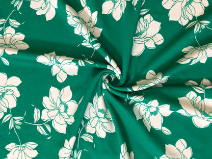 Techno Crepe Printed Fabric-Green White Flowers-TCRP069-Sold by the Yard