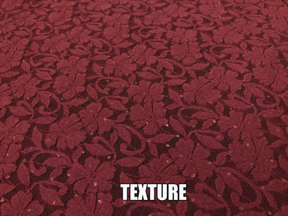 Premium Lace Fabric — Burgundy Bordeaux Blossom Floral Scroll — 95% Poly, 5% Spandex — 4-Way Stretch, 52" Wide — By the Yard (LCKPR01)