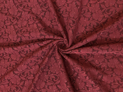Premium Lace Fabric — Burgundy Bordeaux Blossom Floral Scroll — 95% Poly, 5% Spandex — 4-Way Stretch, 52" Wide — By the Yard (LCKPR01)