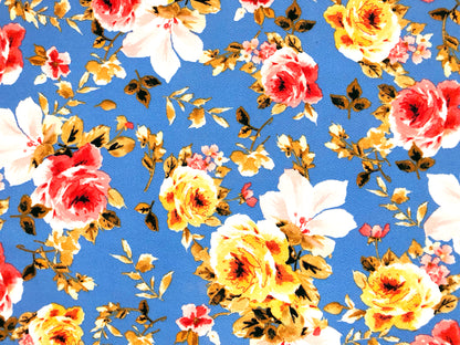 Premium Liverpool Knit Fabric – Blue/Yellow/Pink Rose Floral | 4-Way Stretch, 58" wide, 200 GSM – By the Yard (LVPR068)
