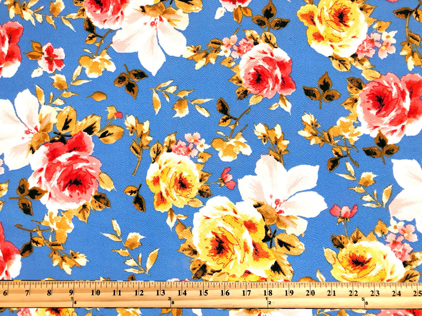 Premium Liverpool Knit Fabric – Blue/Yellow/Pink Rose Floral | 4-Way Stretch, 58" wide, 200 GSM – By the Yard (LVPR068)