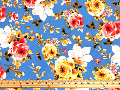 Premium Liverpool Knit Fabric – Blue/Yellow/Pink Rose Floral | 4-Way Stretch, 58" wide, 200 GSM – By the Yard (LVPR068)