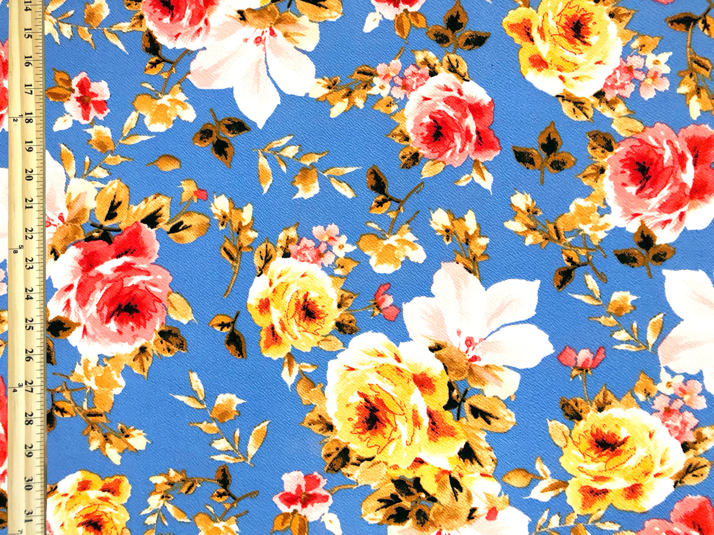 Premium Liverpool Knit Fabric – Blue/Yellow/Pink Rose Floral | 4-Way Stretch, 58" wide, 200 GSM – By the Yard (LVPR068)