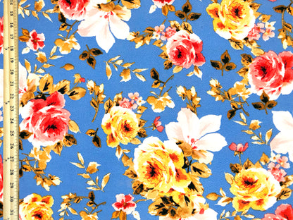 Premium Liverpool Knit Fabric – Blue/Yellow/Pink Rose Floral | 4-Way Stretch, 58" wide, 200 GSM – By the Yard (LVPR068)