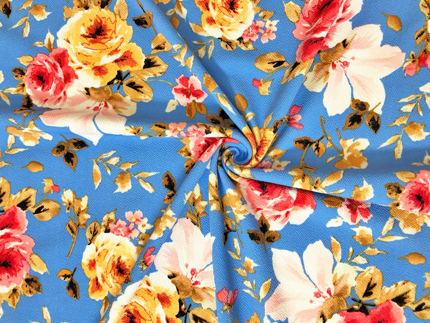 Premium Liverpool Knit Fabric – Blue/Yellow/Pink Rose Floral | 4-Way Stretch, 58" wide, 200 GSM – By the Yard (LVPR068)