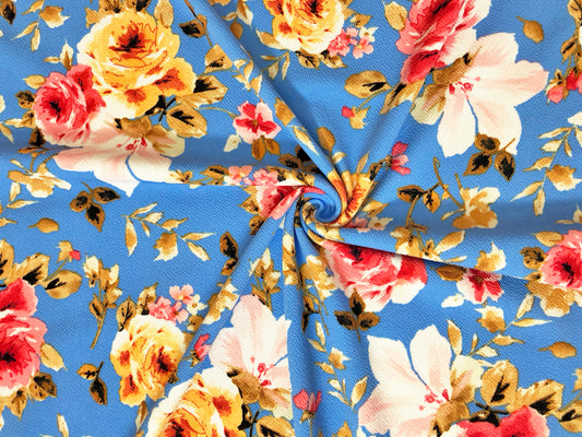 Premium Liverpool Knit Fabric – Blue/Yellow/Pink Rose Floral | 4-Way Stretch, 58" wide, 200 GSM – By the Yard (LVPR068)