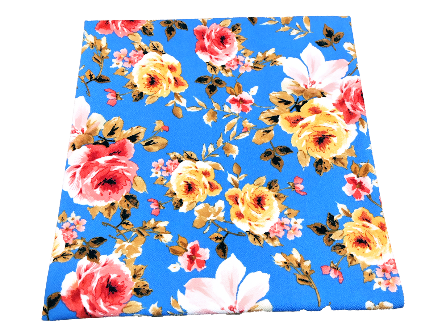Premium Liverpool Knit Fabric – Blue/Yellow/Pink Rose Floral | 4-Way Stretch, 58" wide, 200 GSM – By the Yard (LVPR068)