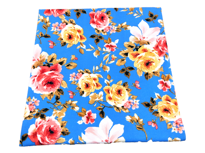 Premium Liverpool Knit Fabric – Blue/Yellow/Pink Rose Floral | 4-Way Stretch, 58" wide, 200 GSM – By the Yard (LVPR068)