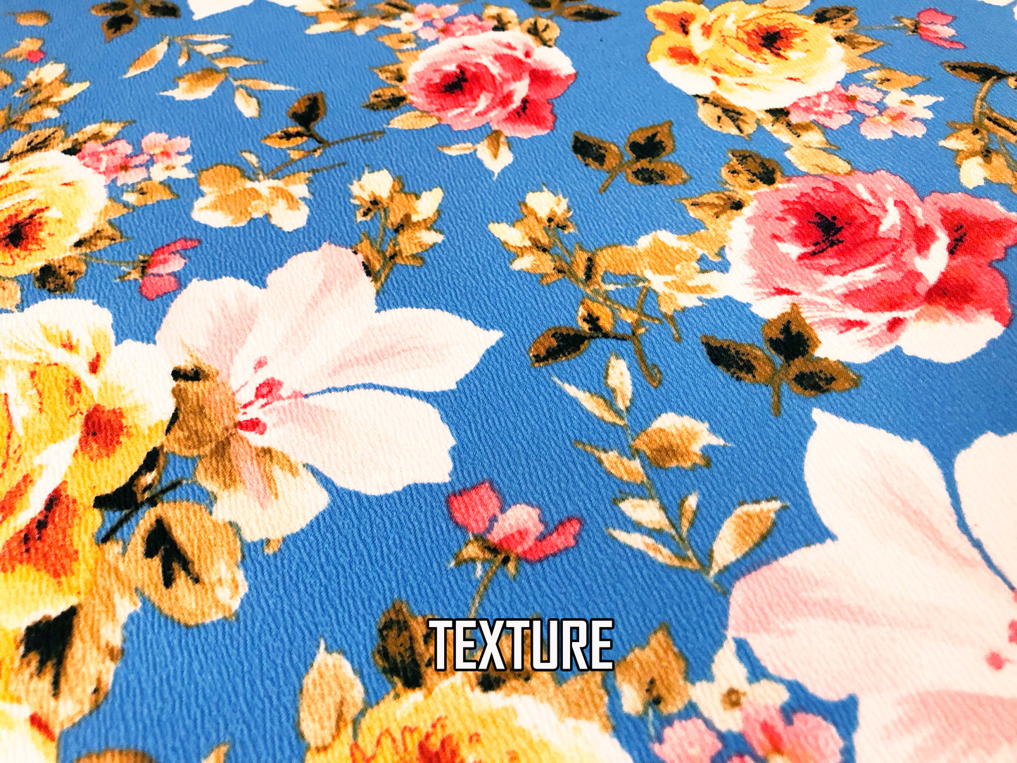 Premium Liverpool Knit Fabric – Blue/Yellow/Pink Rose Floral | 4-Way Stretch, 58" wide, 200 GSM – By the Yard (LVPR068)