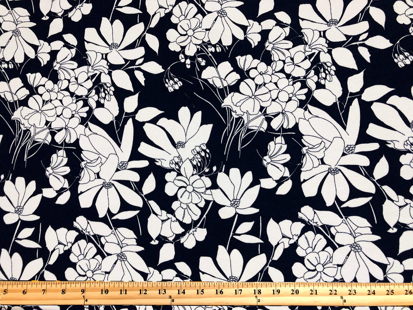 Premium Liverpool Knit Fabric – Navy/White Sketch Floral | 4-Way Stretch, 58" wide, 200 GSM – By the Yard (LVPR361)
