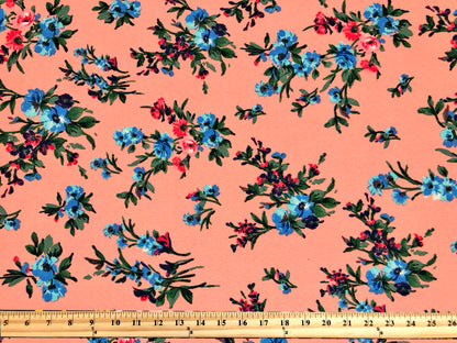 Premium Liverpool Knit Fabric – Coral/Blue Blossom Floral | 4-Way Stretch, 58" wide, 200 GSM – By the Yard (LVPR359)
