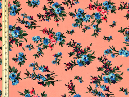 Premium Liverpool Knit Fabric – Coral/Blue Blossom Floral | 4-Way Stretch, 58" wide, 200 GSM – By the Yard (LVPR359)