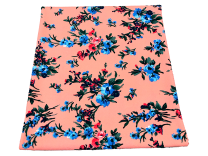 Premium Liverpool Knit Fabric – Coral/Blue Blossom Floral | 4-Way Stretch, 58" wide, 200 GSM – By the Yard (LVPR359)