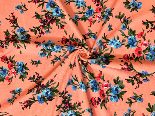 Premium Liverpool Knit Fabric – Coral/Blue Blossom Floral | 4-Way Stretch, 58" wide, 200 GSM – By the Yard (LVPR359)