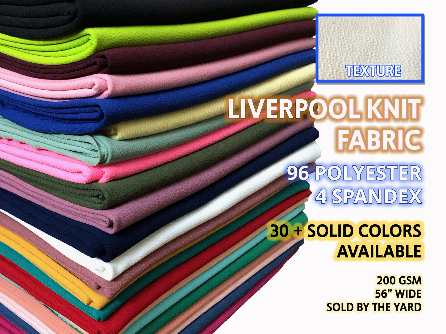 Liverpool Knit Fabric — Versatile Solid Colors — Premium Texture — 4-Way Stretch, 56″ Wide, 200 GSM — Sold by the Yard