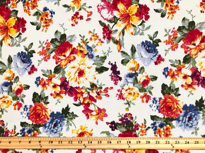 Premium Liverpool Knit Fabric – Ivory/Red Garden Floral | 4-Way Stretch, 58" wide, 200 GSM – By the Yard (LVPR360)