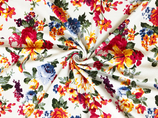 Premium Liverpool Knit Fabric – Ivory/Red Garden Floral | 4-Way Stretch, 58" wide, 200 GSM – By the Yard (LVPR360)