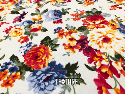 Premium Liverpool Knit Fabric – Ivory/Red Garden Floral | 4-Way Stretch, 58" wide, 200 GSM – By the Yard (LVPR360)