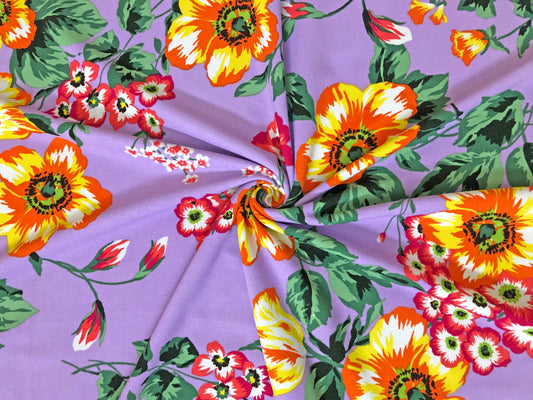 Techno Crepe Printed Fabric| Lavender Yellow Orange Flowers |TCRP0112 |Sold by the Yard