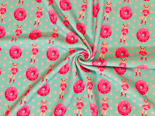 Mint/Pink Donut Kitty Doll Bullet Knit Fabric – Textured 4 Way Stretch, 58" Wide, 200 GSM – By the Yard (BPR176)