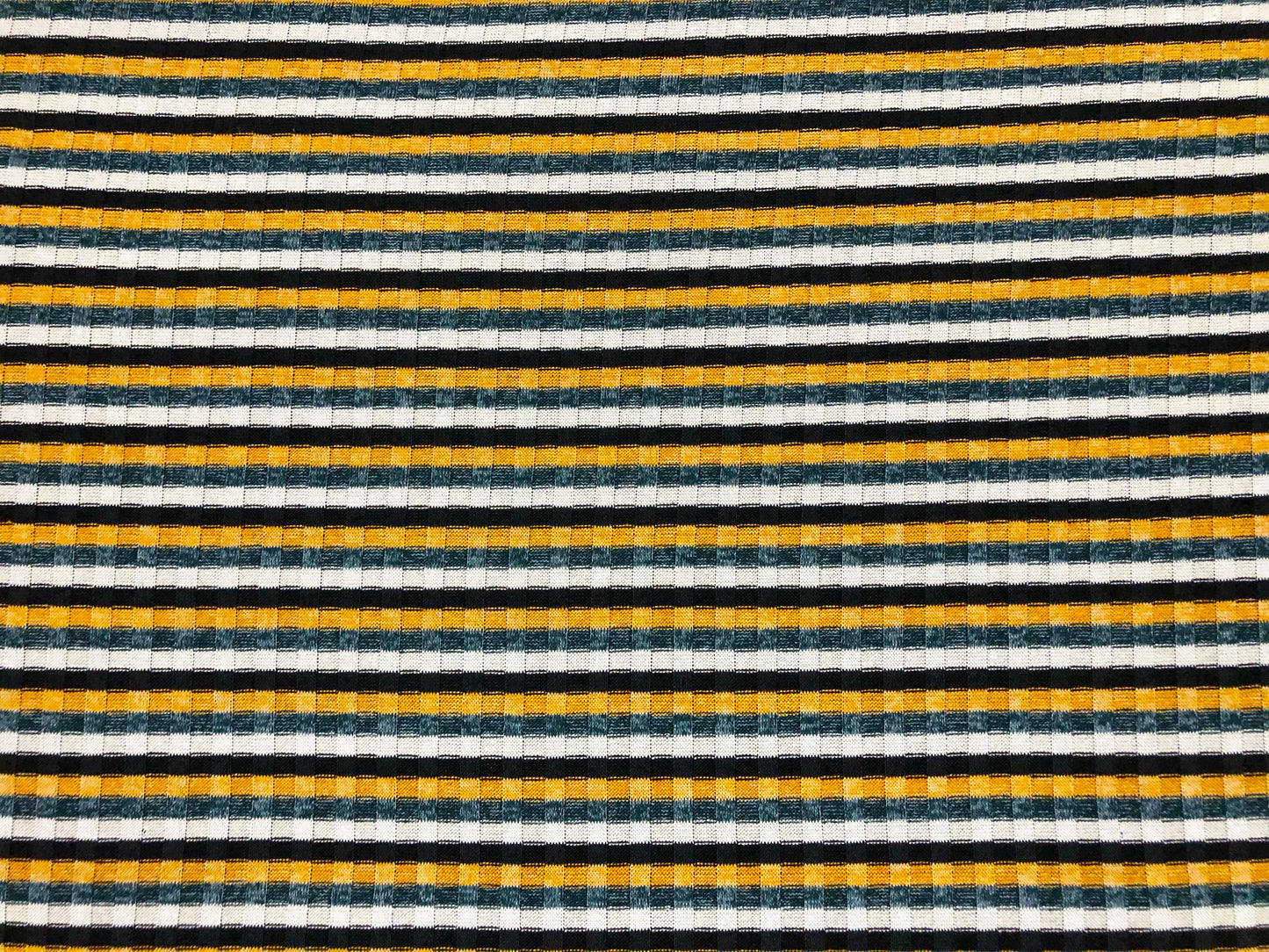 Premium Rib Knit Fabric – Mustard/Teal Vintage Varsity Stripe, 4 Way Stretch, 58” Wide – By the Yard (PRRPR0105)
