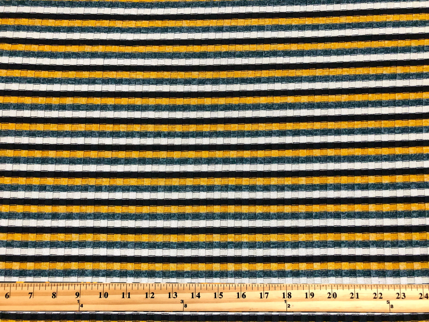 Premium Rib Knit Fabric – Mustard/Teal Vintage Varsity Stripe, 4 Way Stretch, 58” Wide – By the Yard (PRRPR0105)