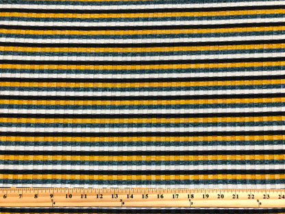 Premium Rib Knit Fabric – Mustard/Teal Vintage Varsity Stripe, 4 Way Stretch, 58” Wide – By the Yard (PRRPR0105)