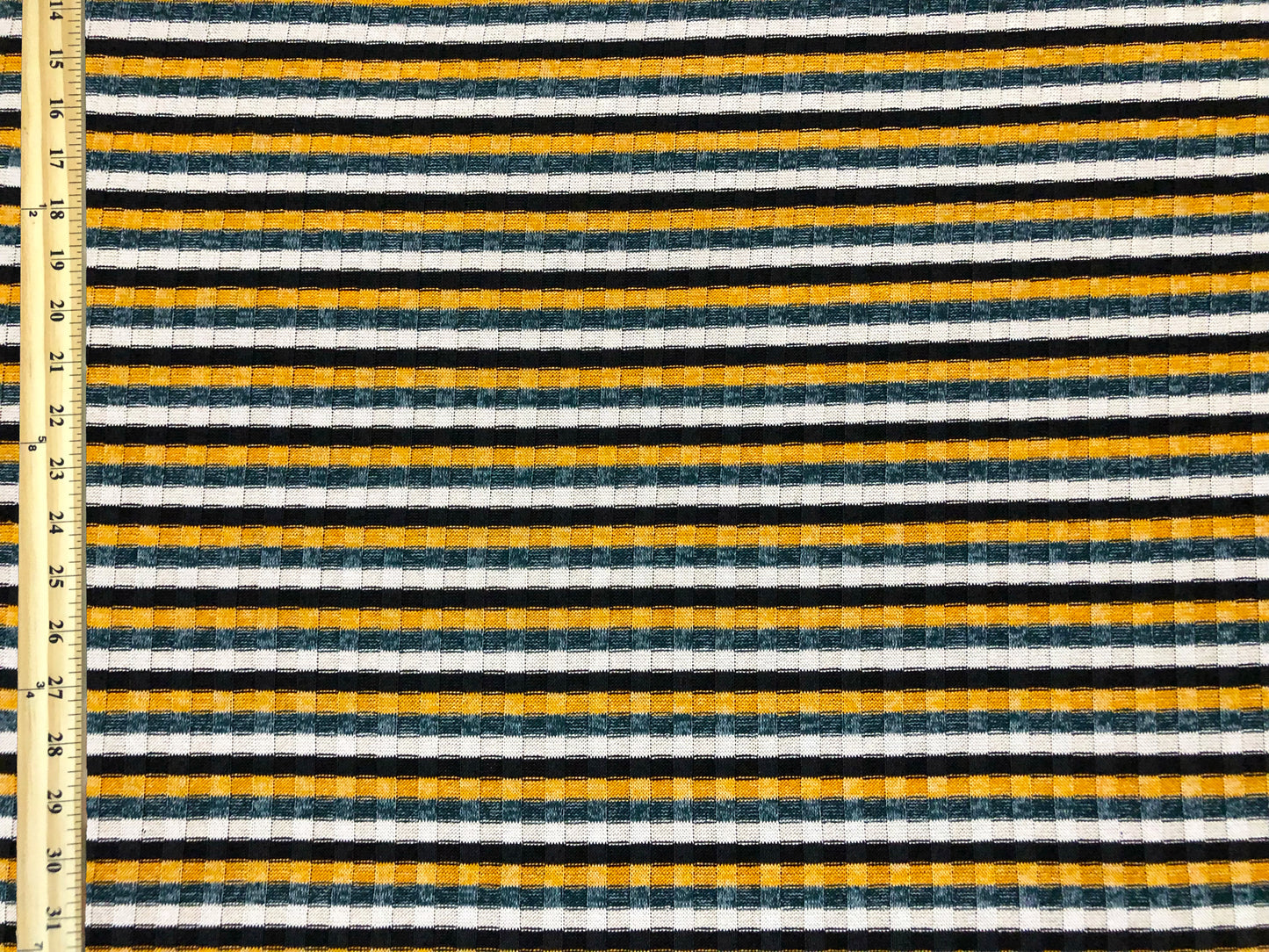 Premium Rib Knit Fabric – Mustard/Teal Vintage Varsity Stripe, 4 Way Stretch, 58” Wide – By the Yard (PRRPR0105)