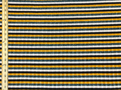 Premium Rib Knit Fabric – Mustard/Teal Vintage Varsity Stripe, 4 Way Stretch, 58” Wide – By the Yard (PRRPR0105)