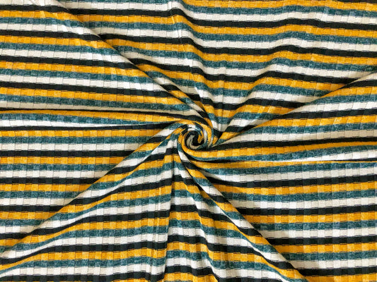 Premium Rib Knit Fabric – Mustard/Teal Vintage Varsity Stripe, 4 Way Stretch, 58” Wide – By the Yard (PRRPR0105)