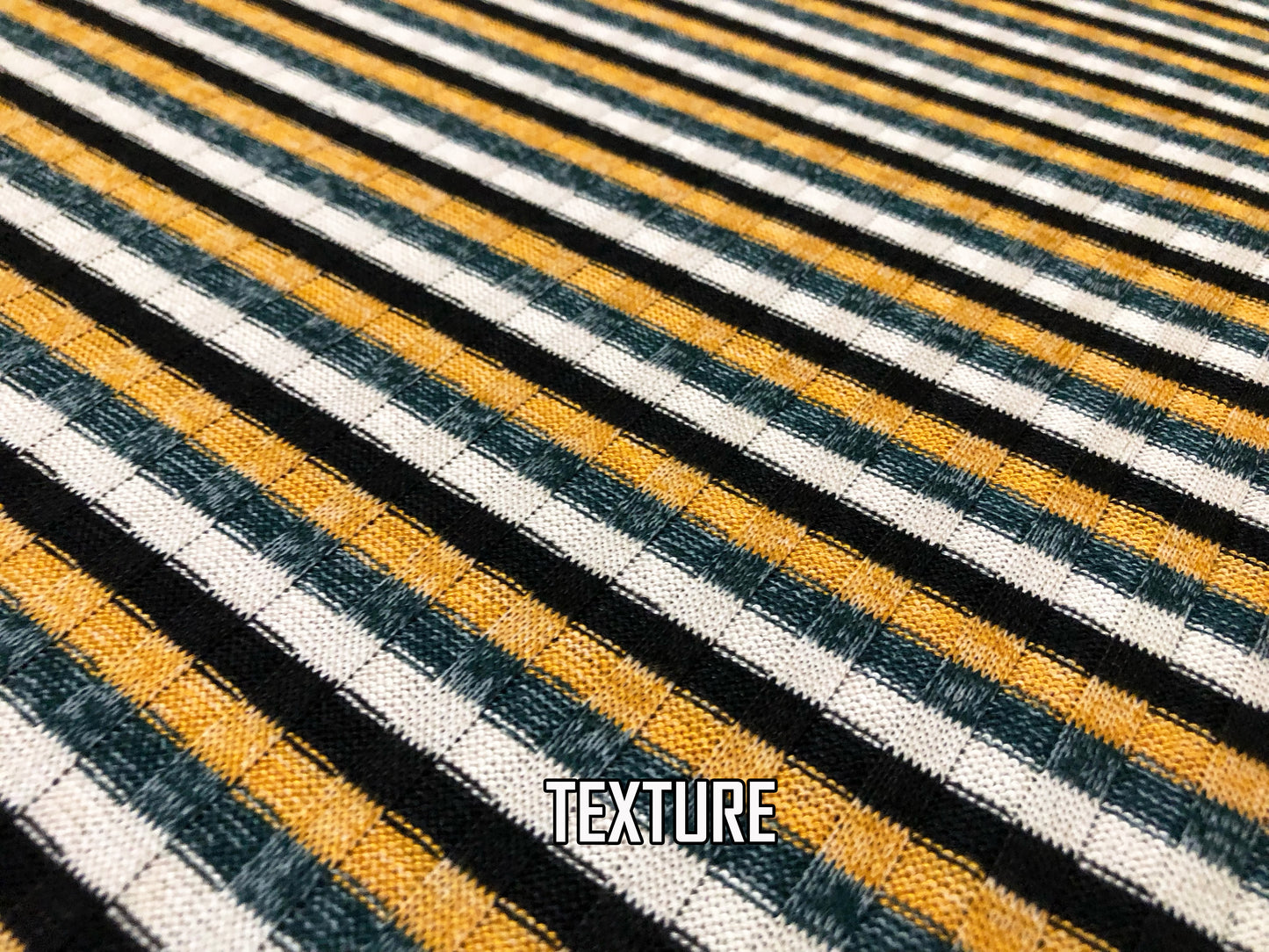 Premium Rib Knit Fabric – Mustard/Teal Vintage Varsity Stripe, 4 Way Stretch, 58” Wide – By the Yard (PRRPR0105)