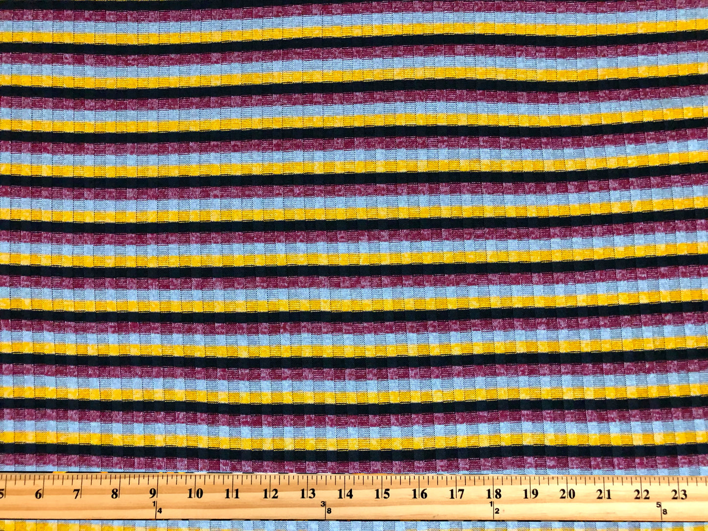 Premium Rib Knit Fabric – Mustard/Burgundy Retro Harvest Stripe, 4 Way Stretch, 58” Wide – By the Yard (PRRPR0104)